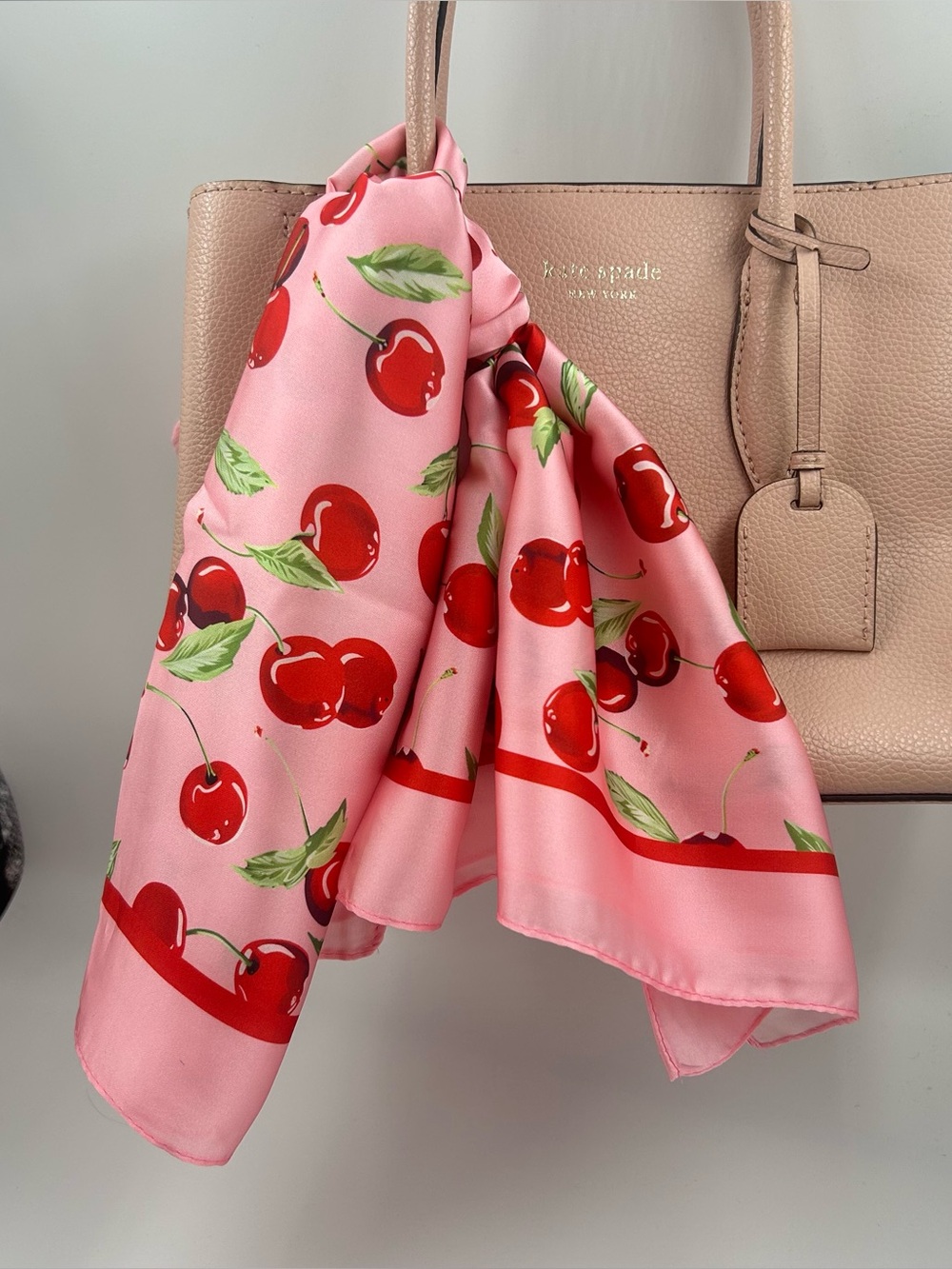 Cherry Cherries pink satin scarf head wrap tie purse decor NEW 26 x 26"
